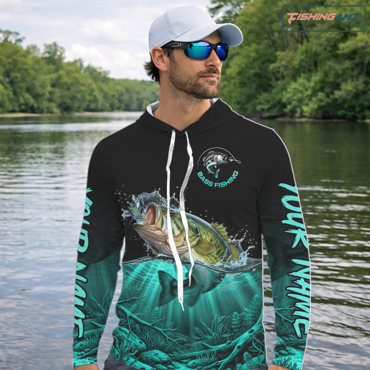 Largemouth Bass Fishing Shirt Long Sleeve Hooded For Tournament – Angler Gift For Men Dad| Turquoise NHT850