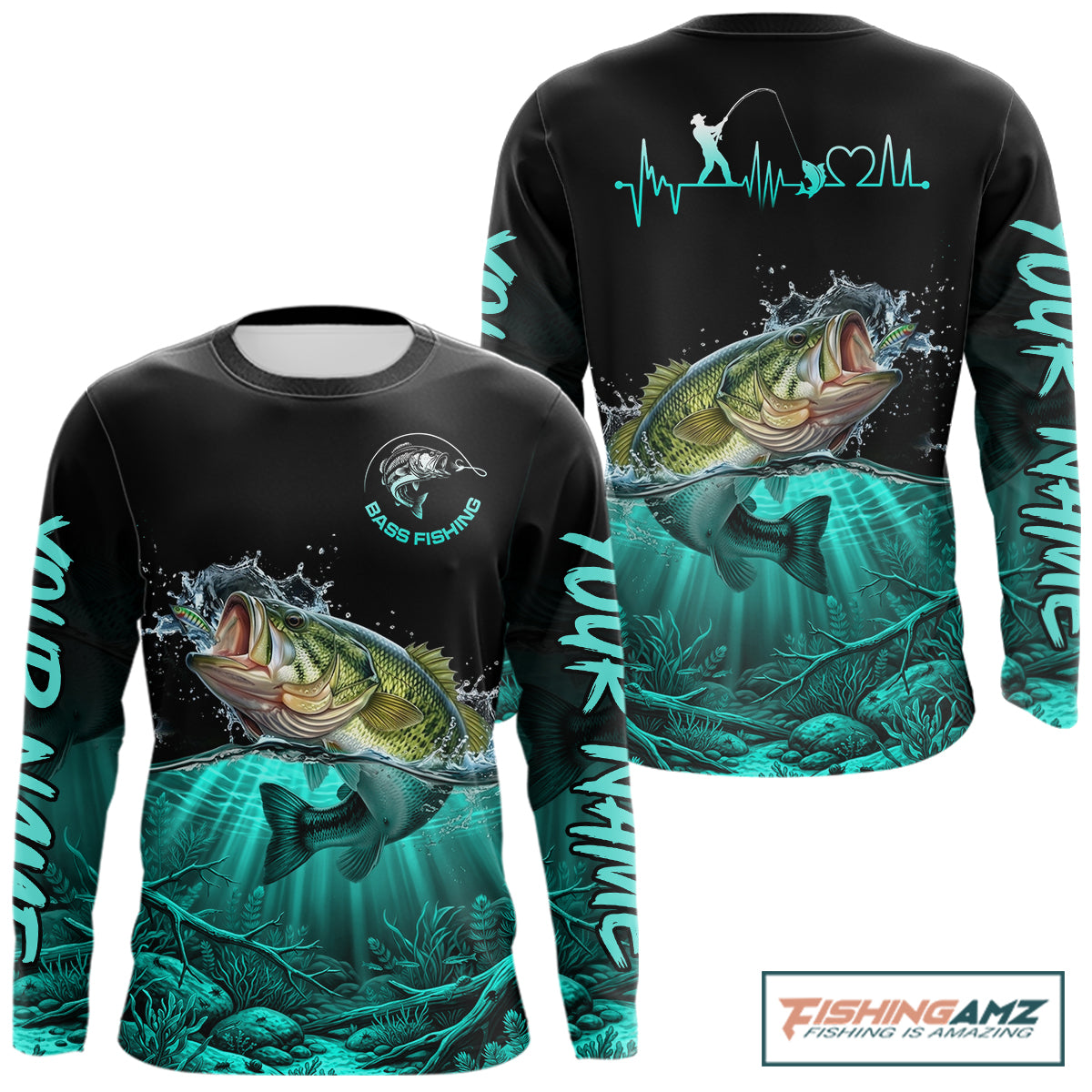 Largemouth Bass Fishing Shirt Long Sleeve For Tournament – Angler Gift For Men Dad| Turquoise NHT850