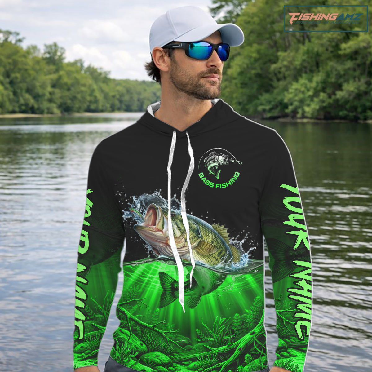 Largemouth Bass Fishing Shirt Long Sleeve Hooded For Tournament – Angler Gift For Men Dad| Green NHT851