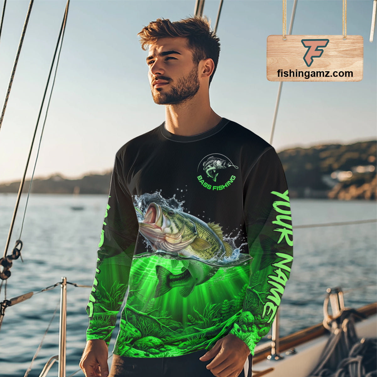 Largemouth Bass Fishing Shirt Long Sleeve For Tournament – Angler Gift For Men Dad| Green NHT851
