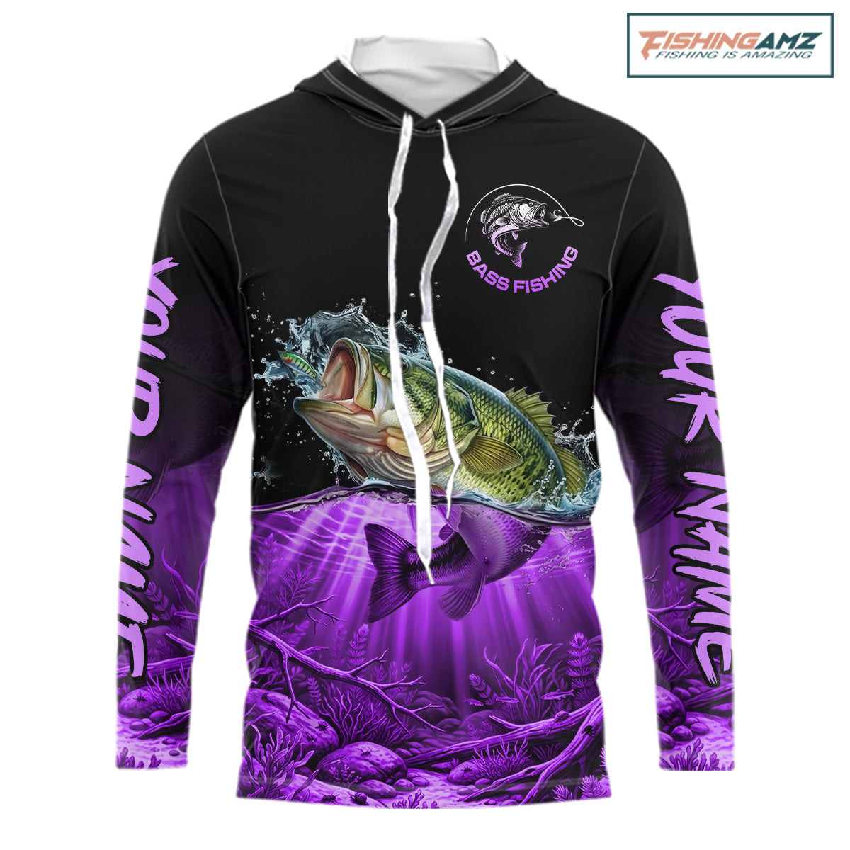 Largemouth Bass Fishing Shirt Long Sleeve Hooded For Tournament – Angler Gift For Men Dad| Purple NHT852