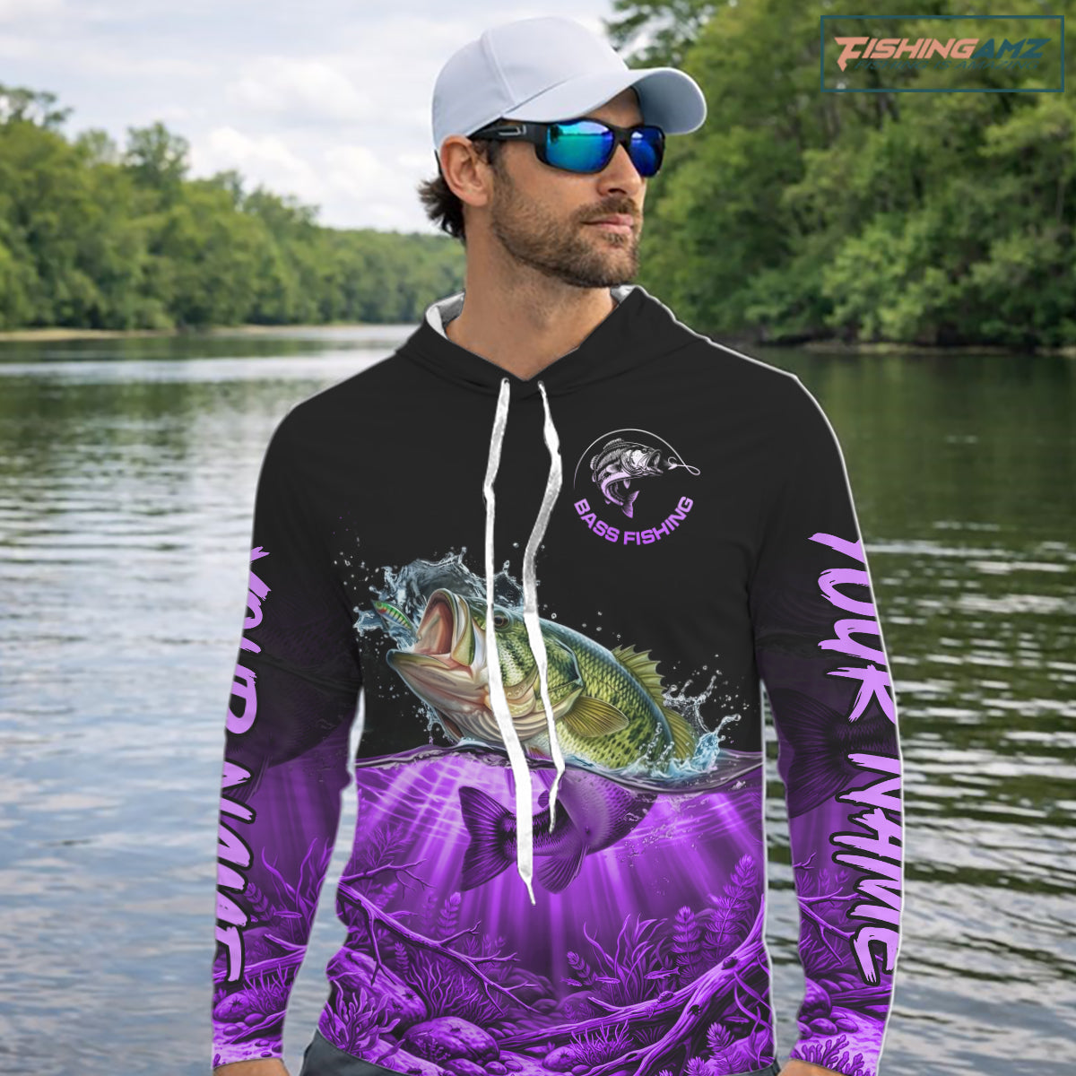 Largemouth Bass Fishing Shirt Long Sleeve Hooded For Tournament – Angler Gift For Men Dad| Purple NHT852