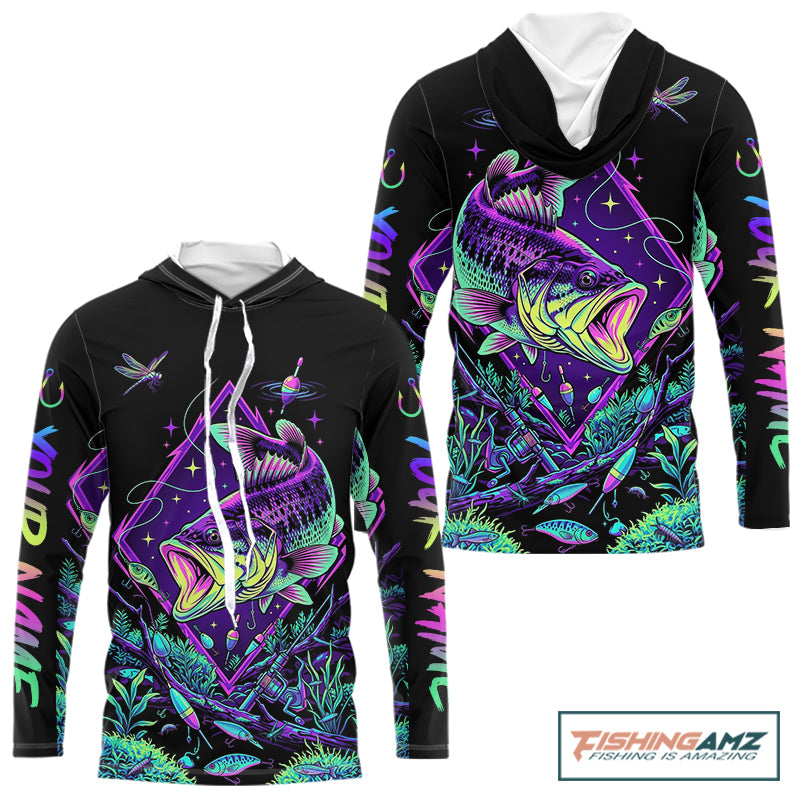 Neon Bass Fishing Shirts Long Sleeve Hooded  – Largemouth Bass Galaxy Glow Graphic Gift For Men Dad  NHT853