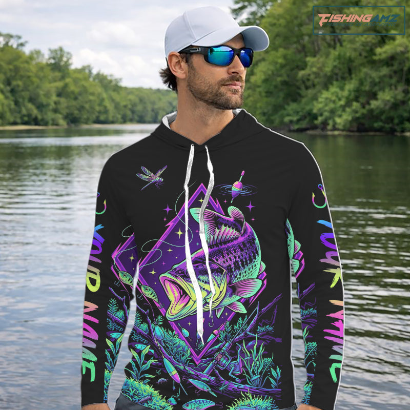 Neon Bass Fishing Shirts Long Sleeve Hooded  – Largemouth Bass Galaxy Glow Graphic Gift For Men Dad  NHT853