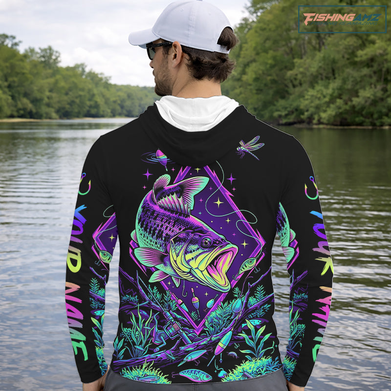Neon Bass Fishing Shirts Long Sleeve Hooded  – Largemouth Bass Galaxy Glow Graphic Gift For Men Dad  NHT853