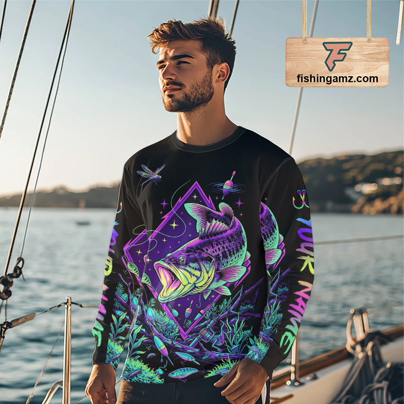 Neon Bass Fishing Shirts Long Sleeve  – Largemouth Bass Galaxy Glow Graphic Gift For Men Dad  NHT853