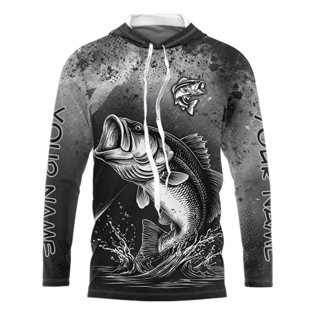 Gray Camo Bass Fishing Custom Long Sleeve Hooded Tournament Fishing Shirts, Fishing Shirt For Men