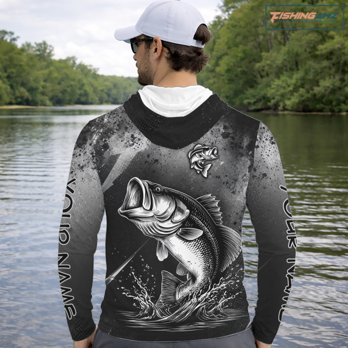 Gray Camo Bass Fishing Custom Long Sleeve Hooded Tournament Fishing Shirts, Fishing Shirt For Men