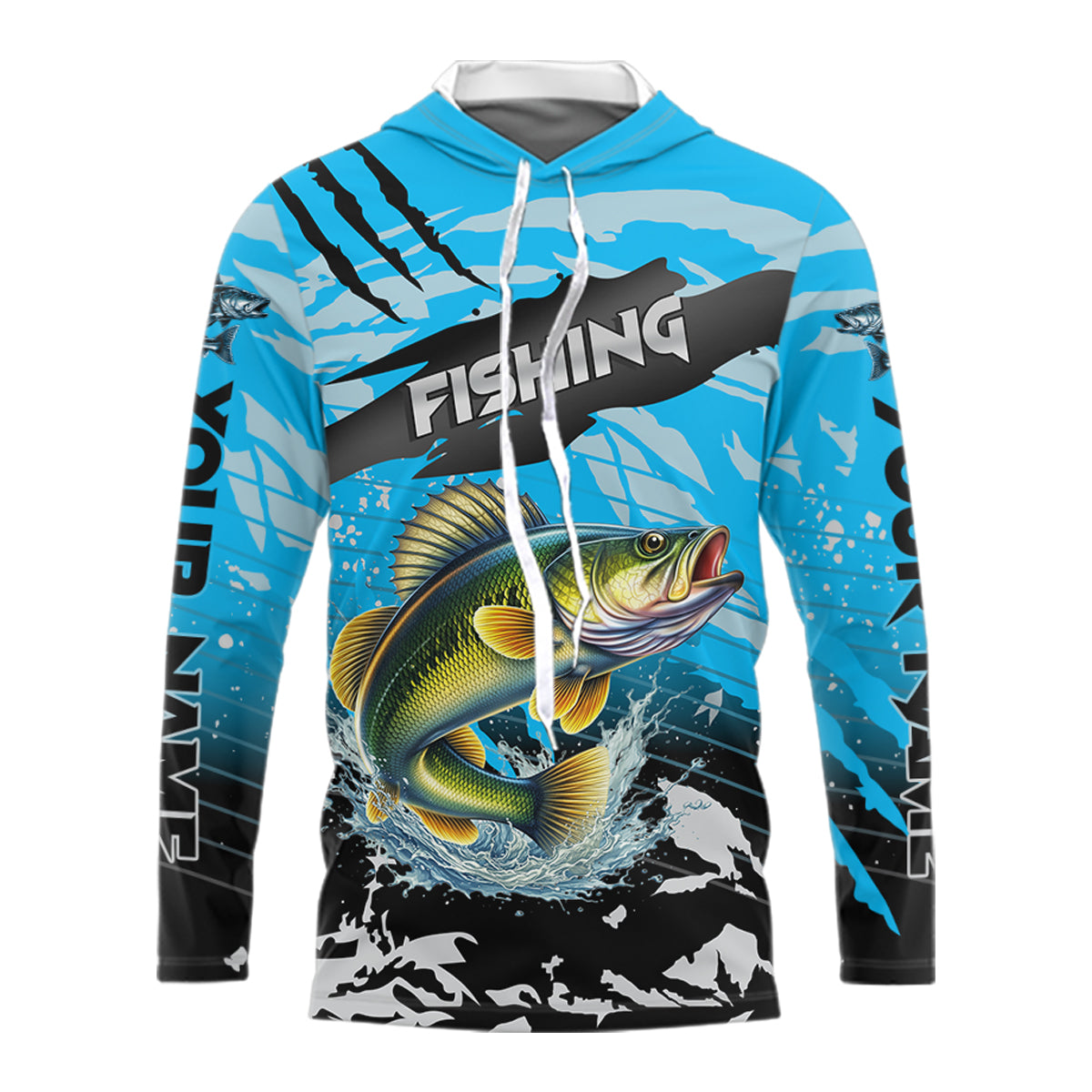 Hooded Walleye Fishing Blue Camo Jerseys Custom Performance Long Sleeve Tournament Fishing Shirts NHT509