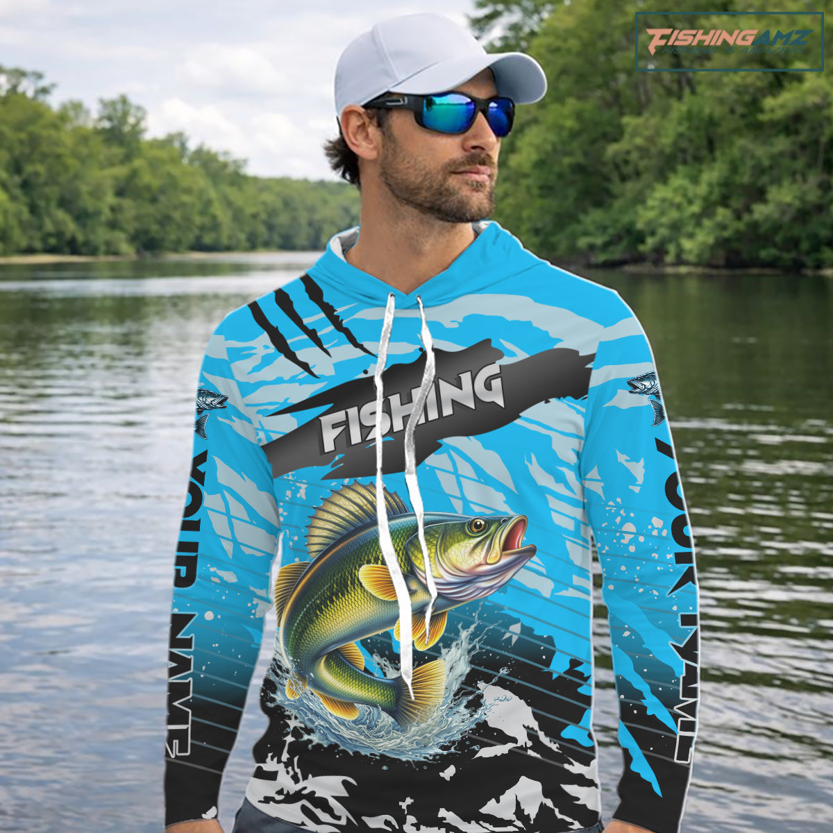 Hooded Walleye Fishing Blue Camo Jerseys Custom Performance Long Sleeve Tournament Fishing Shirts NHT509