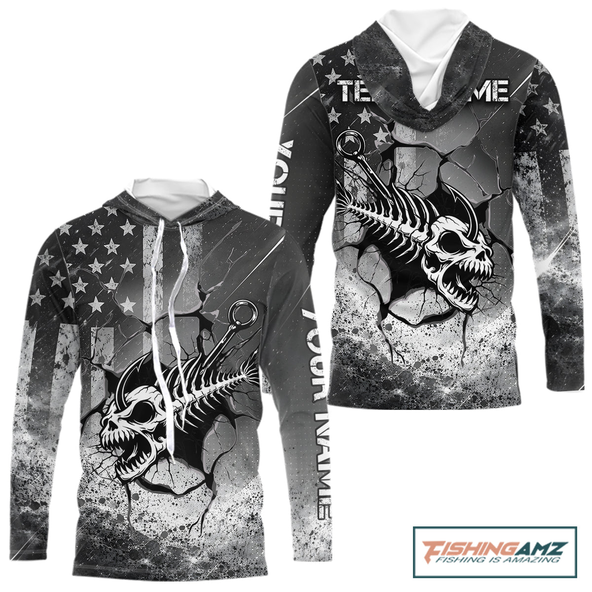 American Flag Fishing Fish Hook Skull Personalized Fishing Shirts, Hooded Patriotic Fishing Shirt Gift For Men NHT665