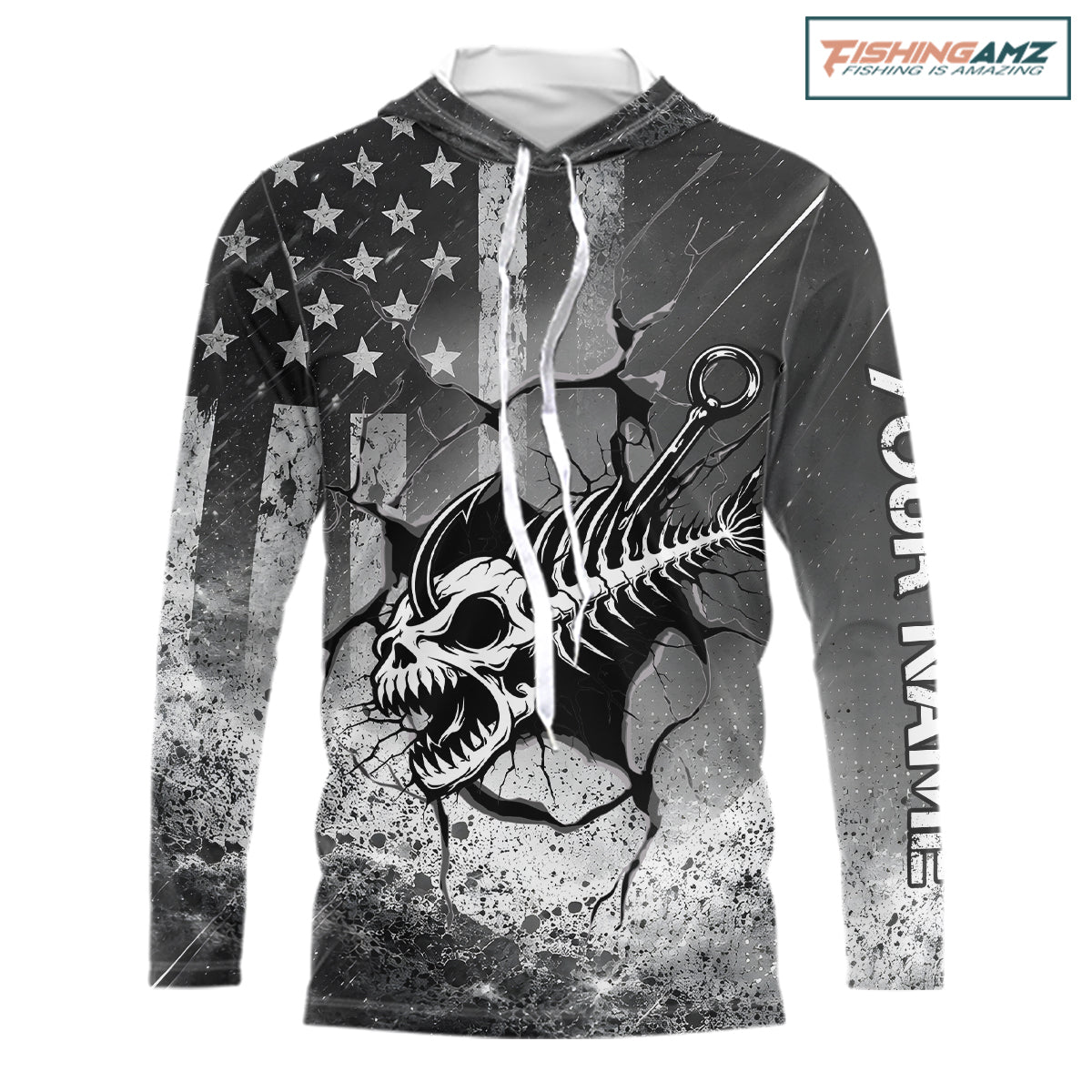 American Flag Fishing Fish Hook Skull Personalized Fishing Shirts, Hooded Patriotic Fishing Shirt Gift For Men NHT665