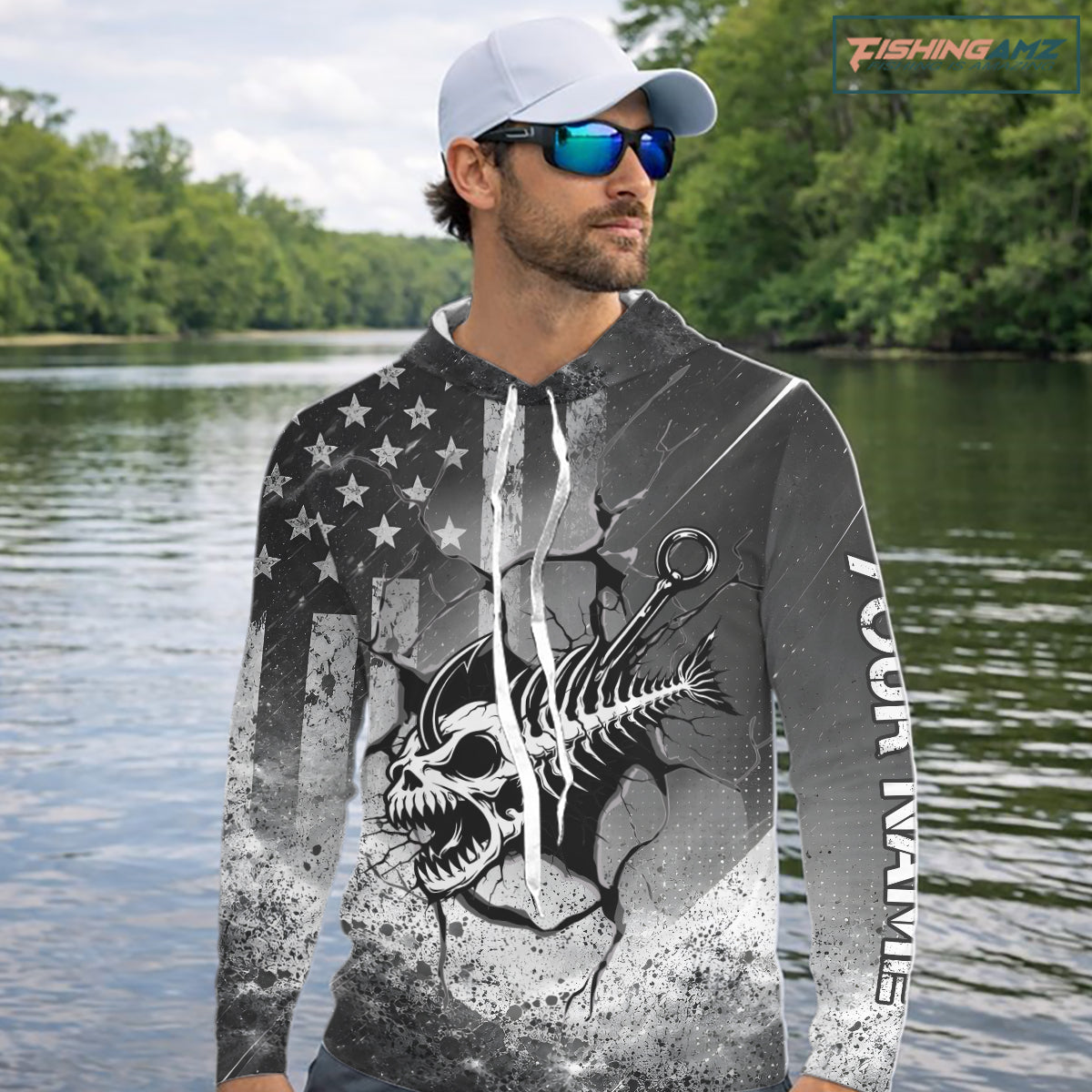 American Flag Fishing Fish Hook Skull Personalized Fishing Shirts, Hooded Patriotic Fishing Shirt Gift For Men NHT665