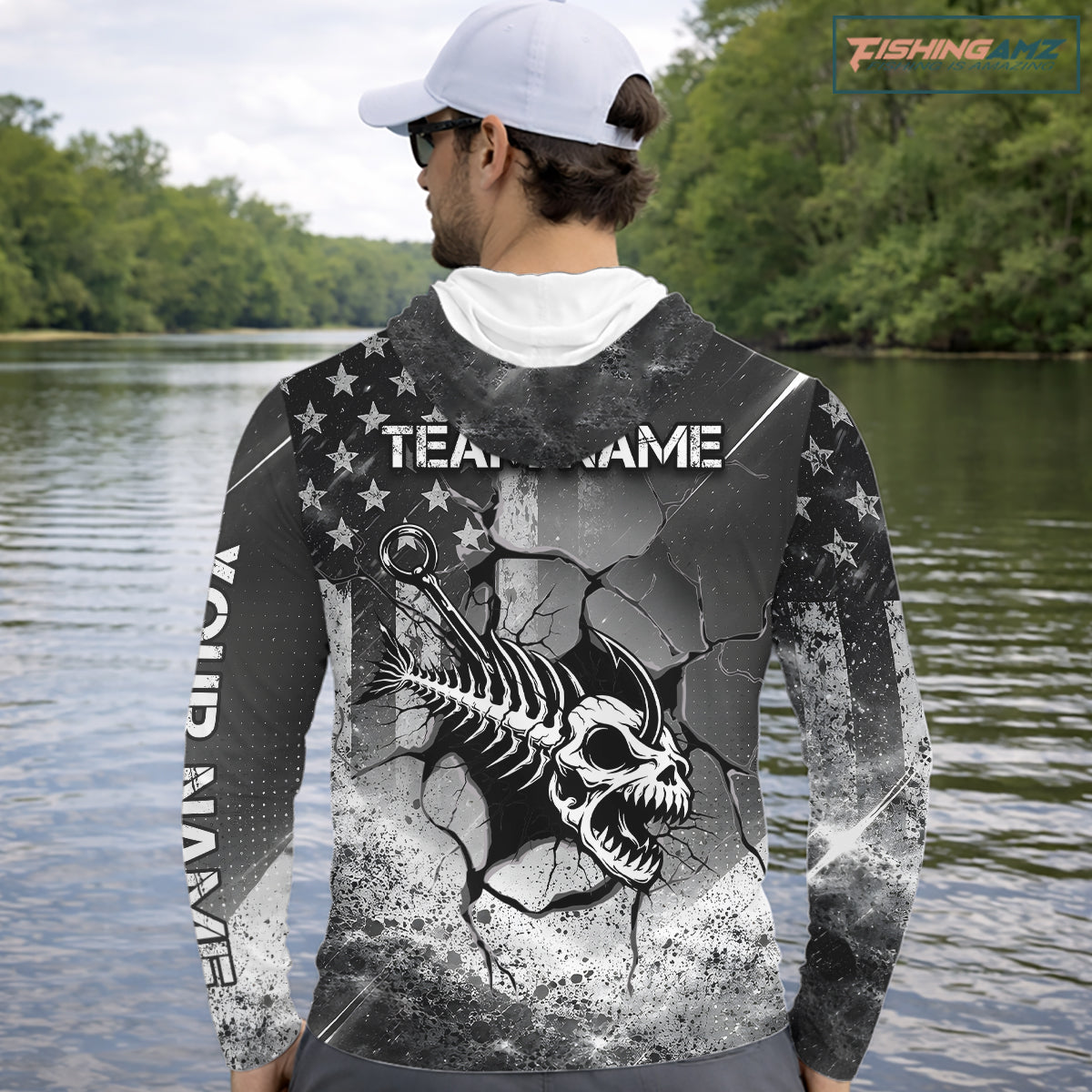 American Flag Fishing Fish Hook Skull Personalized Fishing Shirts, Hooded Patriotic Fishing Shirt Gift For Men NHT665