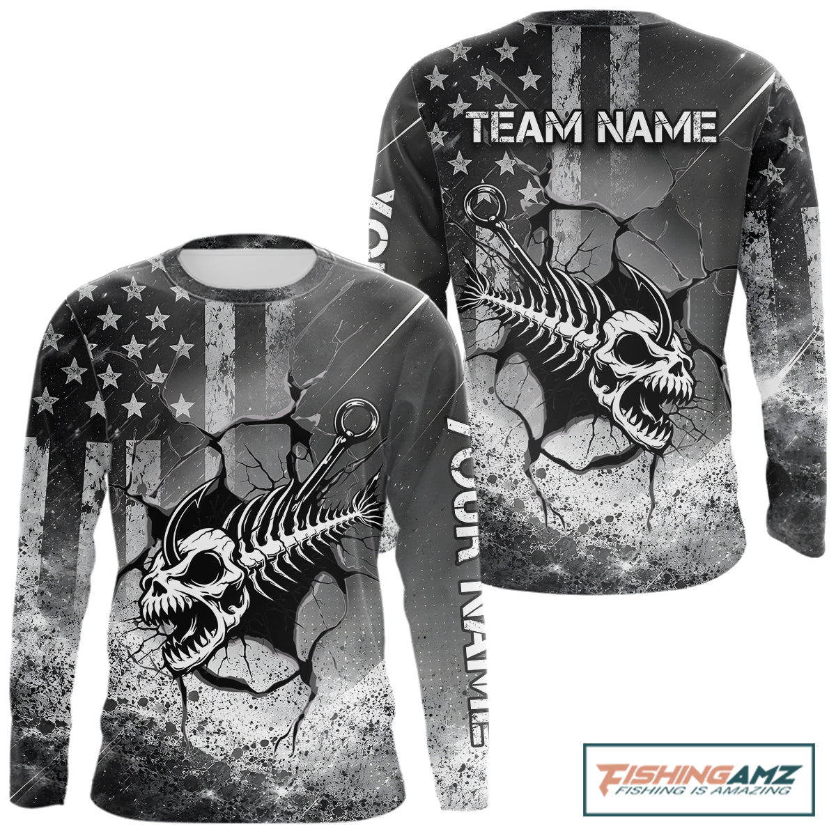 American Flag Fishing Fish Hook Skull Personalized Fishing Shirts, Patriotic Fishing Shirt Gift For Men NHT665