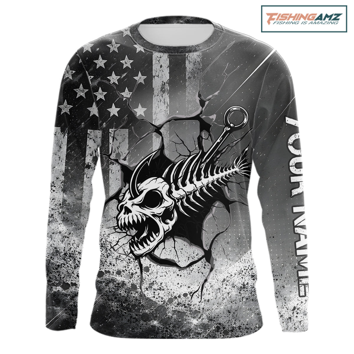 American Flag Fishing Fish Hook Skull Personalized Fishing Shirts, Patriotic Fishing Shirt Gift For Men NHT665