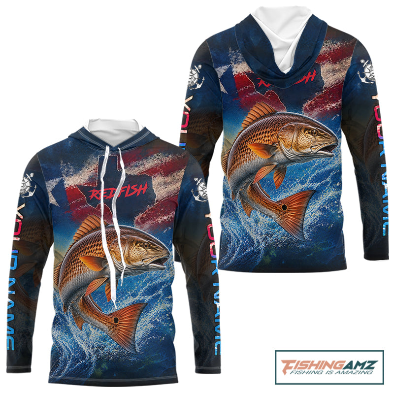 Texas Flag Redfish Long Sleeve Hooded Fishing Jersey, Red Drum Saltwater Performance UV Shirt For Men 