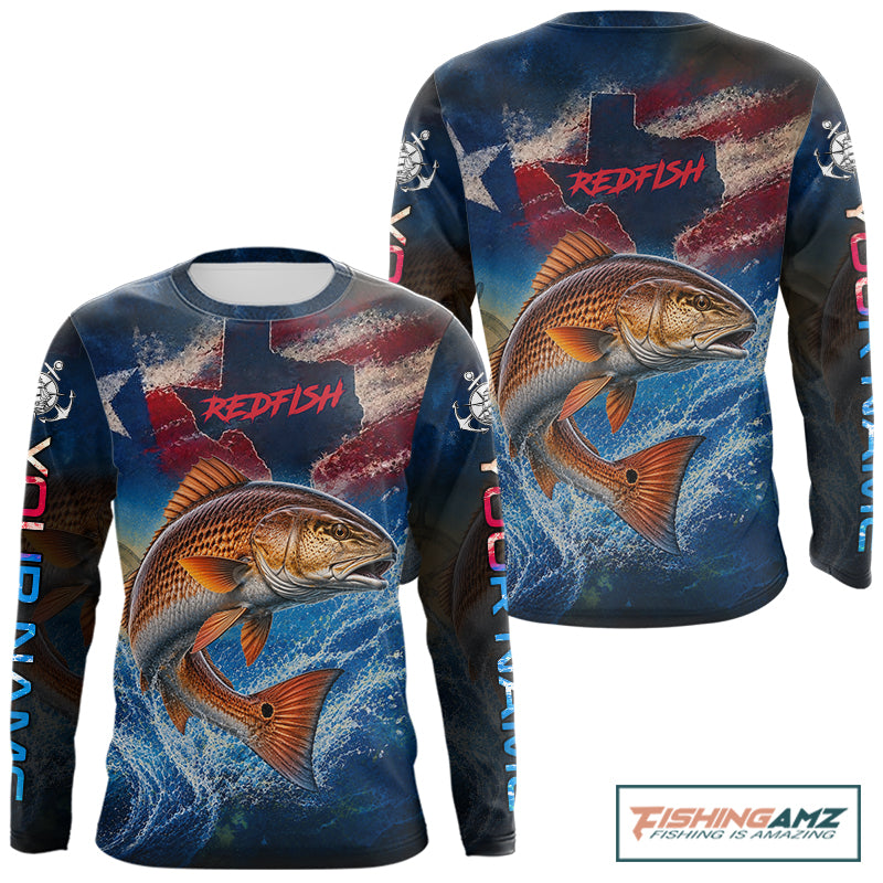 Texas Flag Redfish Long Sleeve Fishing Jersey, Red Drum Saltwater Performance UV Shirt For Men 