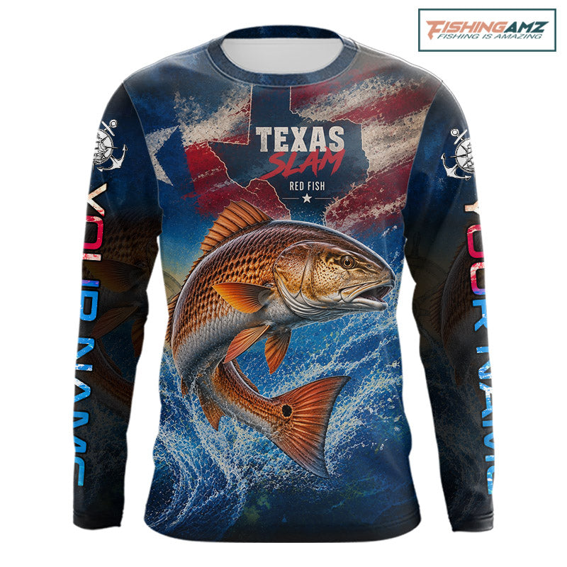 Texas Flag Redfish Long Sleeve Fishing Jersey, Red Drum Saltwater Performance UV Shirt For Men 