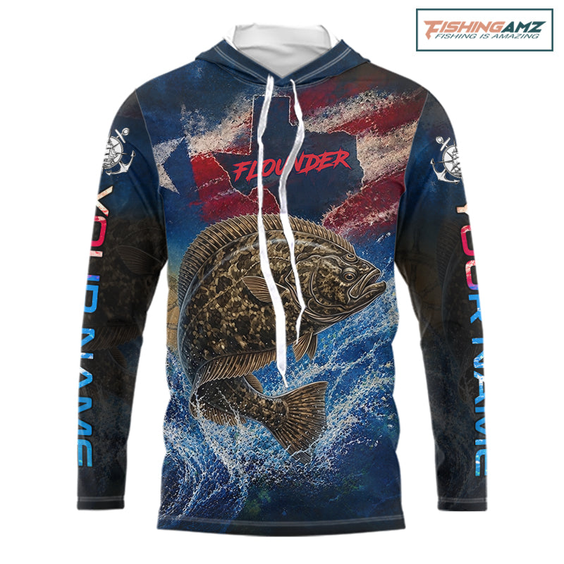 Texas Flag Flounder Long Sleeve Hooded Fishing Jersey, Flounder Saltwater Performance UV Shirt For Men 