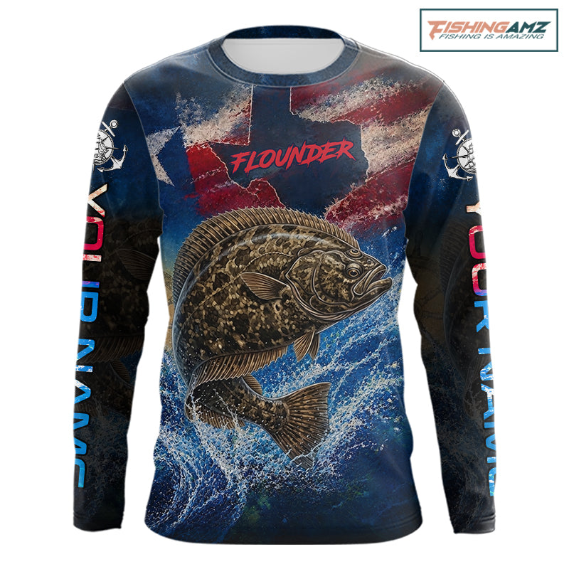 Design Texas Flag Flounder Long Sleeve Fishing Jersey, Flounder Saltwater Performance UV Shirt For Men 