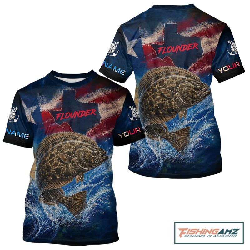 Texas Flag Flounder Short Sleeve Fishing T-Shirts Fishing Jersey, Flounder Saltwater Performance UV Shirt For Men 