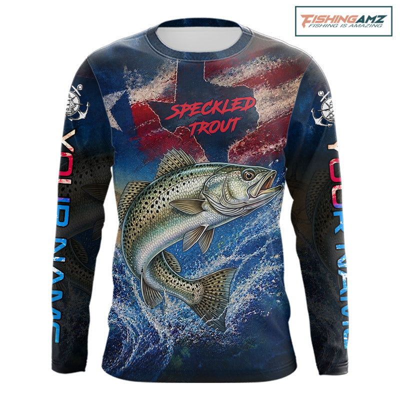 Texas Flag Speckled Trout Long Sleeve Hooded Fishing Jersey, Trout Saltwater Performance UV Shirt For Men 