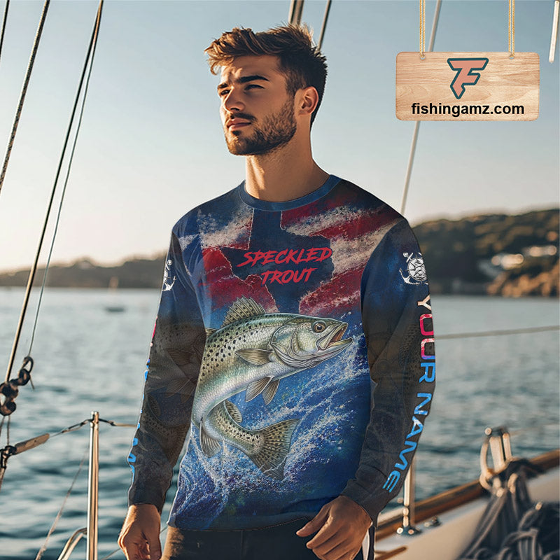 Man wearing Texas Flag Speckled Trout Long Sleeve Fishing Jersey, Trout Saltwater Performance UV Shirt For Men 