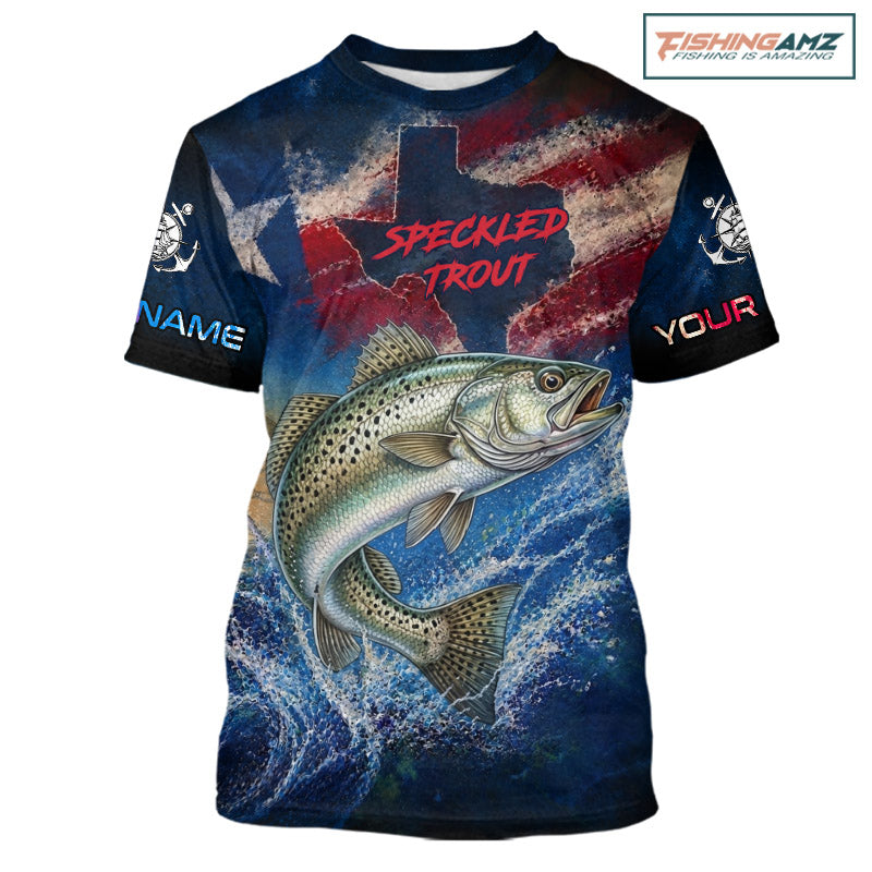 Texas Flag Speckled Trout Short Sleeve Fishing T-Shirts Fishing Jersey, Trout Saltwater Performance UV Shirt For Men 