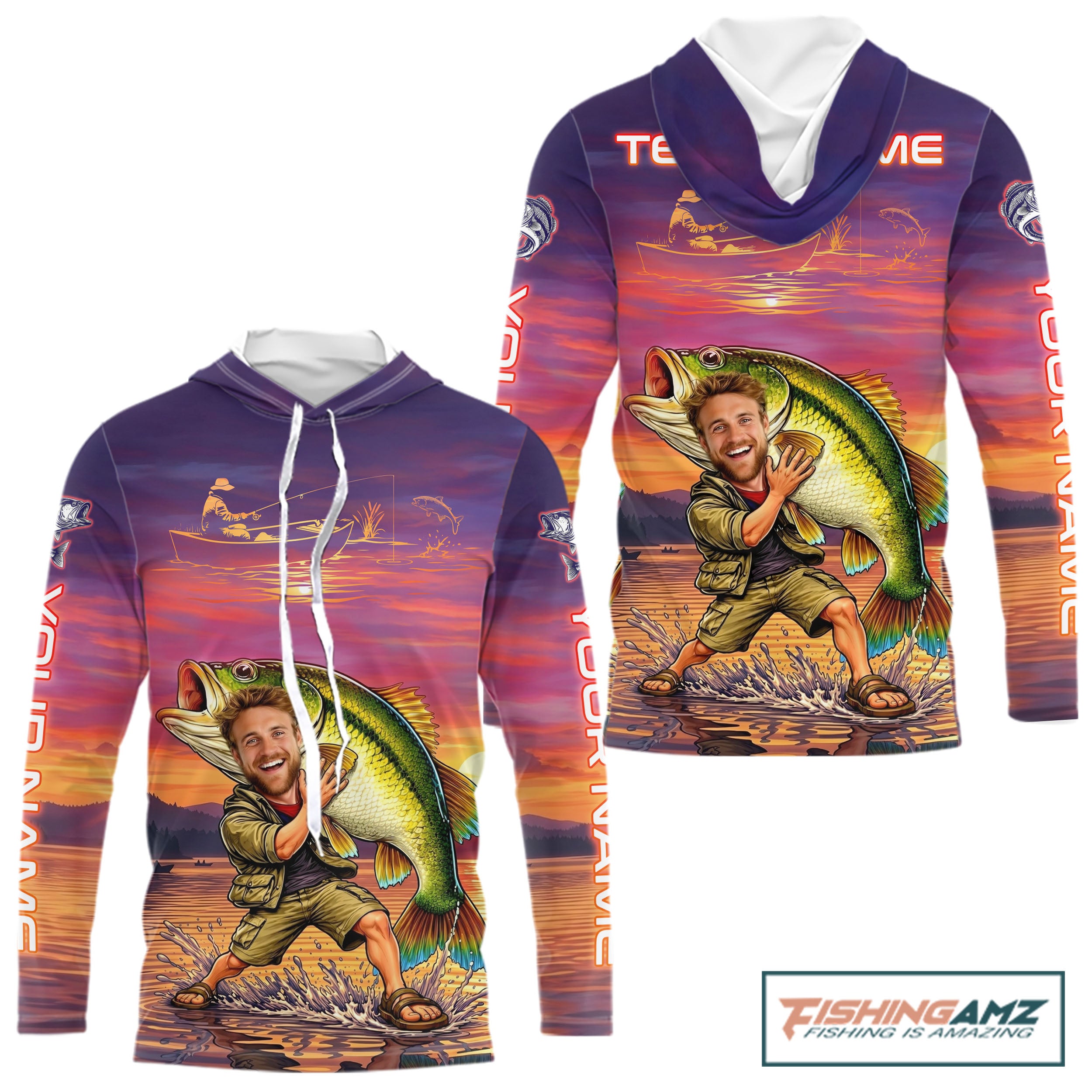 Custom Fathers Day Bass Fishing Shirts Hooded Long Sleeve With Face, Personalized Funny Dad Fishing Button Shirt NHT679