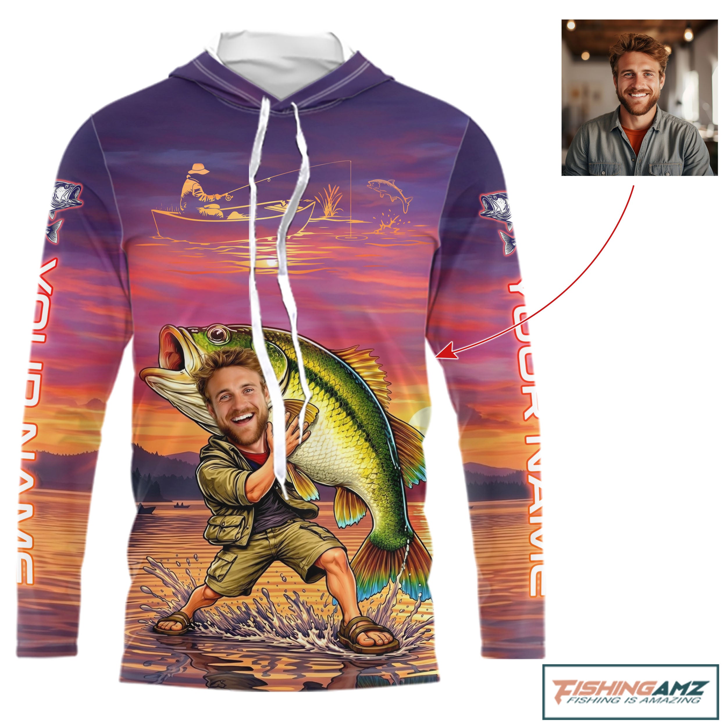 Custom Fathers Day Bass Fishing Shirts Hooded Long Sleeve With Face, Personalized Funny Dad Fishing Button Shirt NHT679