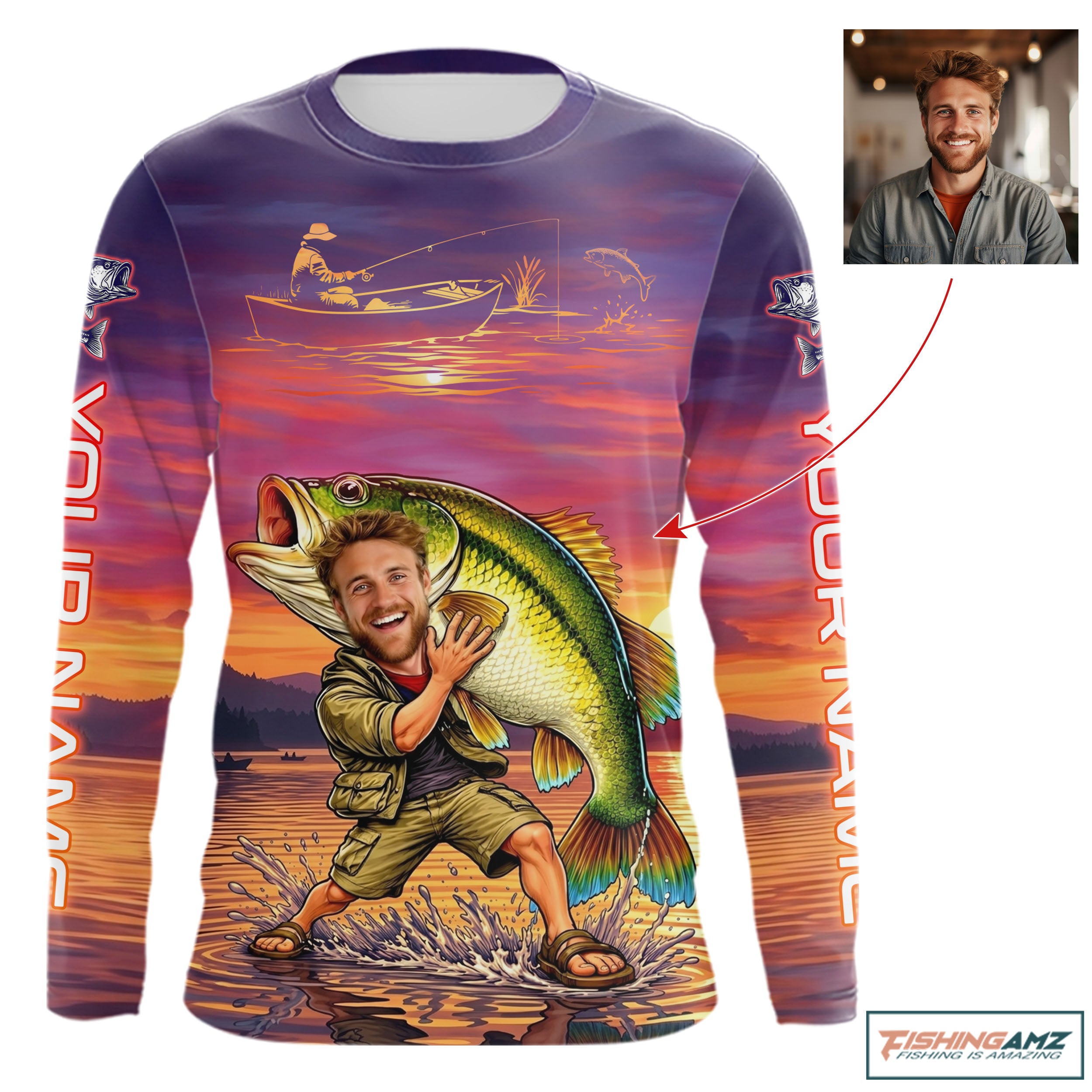 Custom Fathers Day Bass Fishing Shirts Long Sleeve With Face, Personalized Funny Dad Fishing Button Shirt NHT679