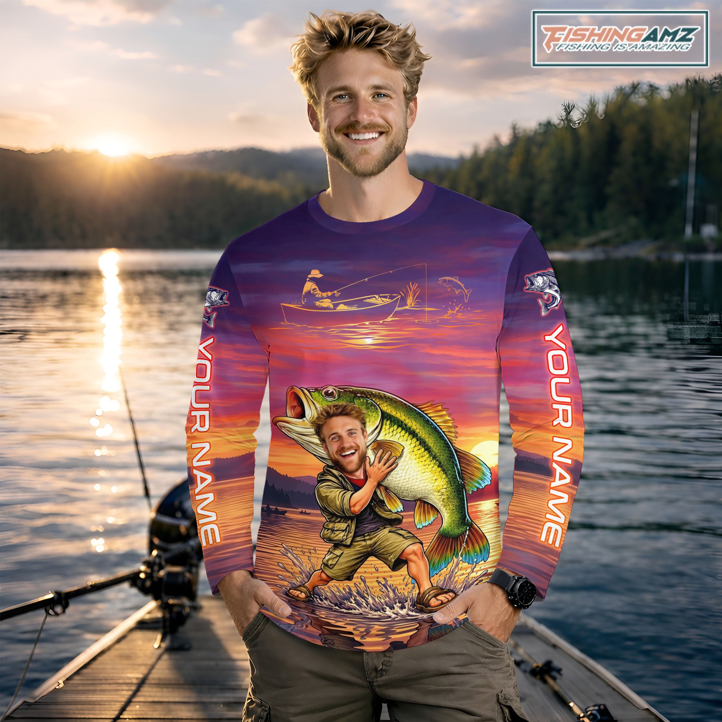 Custom Fathers Day Bass Fishing Shirts Long Sleeve With Face, Personalized Funny Dad Fishing Button Shirt NHT679