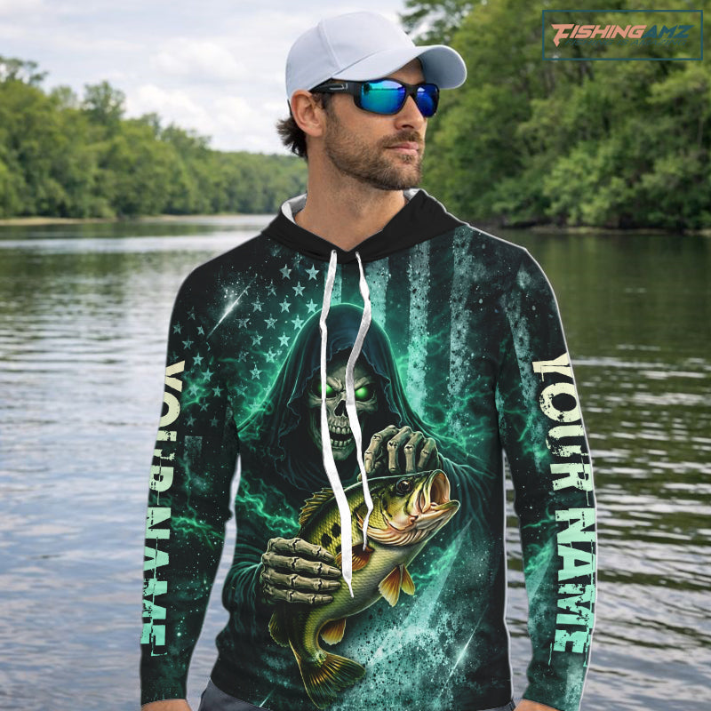 Custom Team Name Grim Reaper Bass Fishing With American Flag - Hooded Patriotic Bass Fishing Jersey