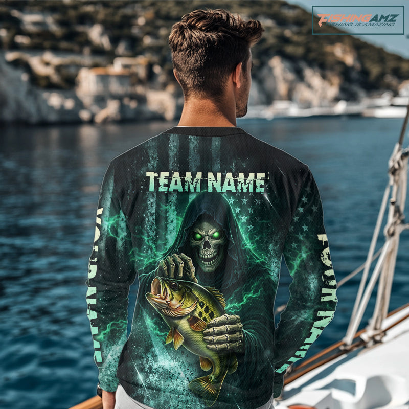 Custom Team Name Grim Reaper Bass Fishing With American Flag - Patriotic Bass Fishing Jersey NHT515