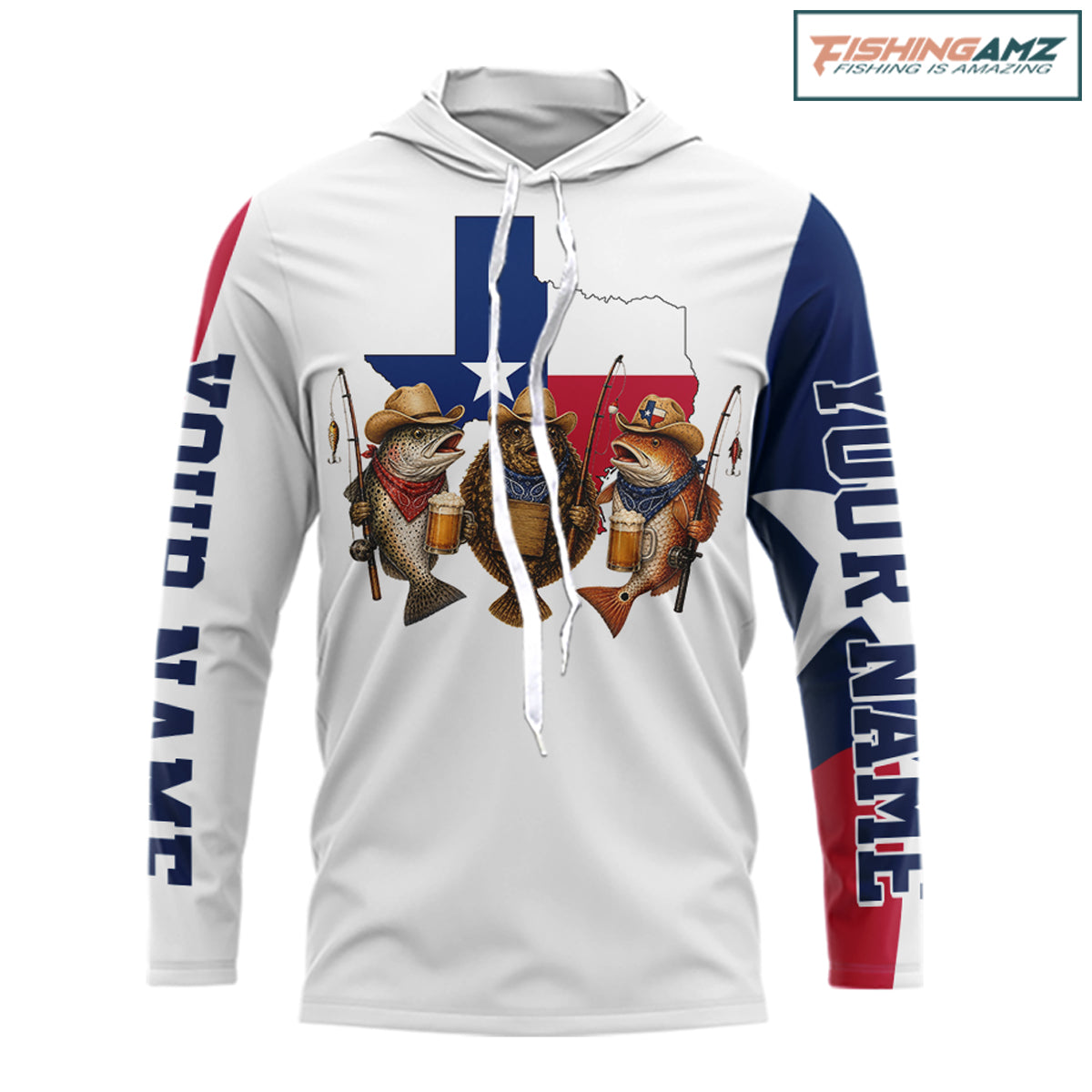 Funny Cowboy Trout, Flounder, Redfish Texas Flag Long Sleeve Hooded  Fishing Shirts Apparel|White