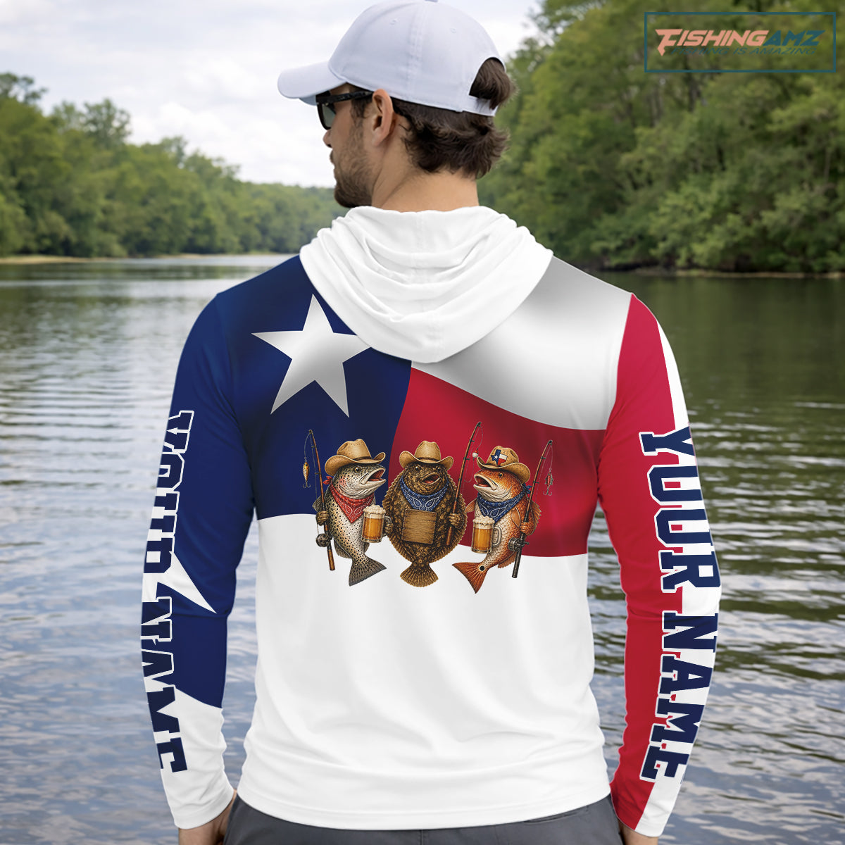Funny Cowboy Trout, Flounder, Redfish Texas Flag Long Sleeve Hooded  Fishing Shirts Apparel|White
