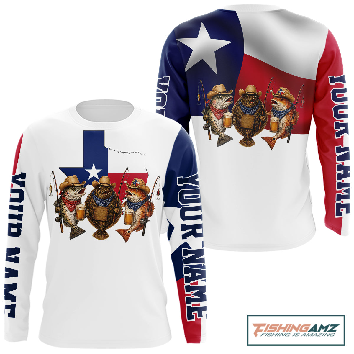 Funny Cowboy  Trout, Flounder, Redfish Texas Flag Long Sleeve Fishing Shirts Apparel|White 