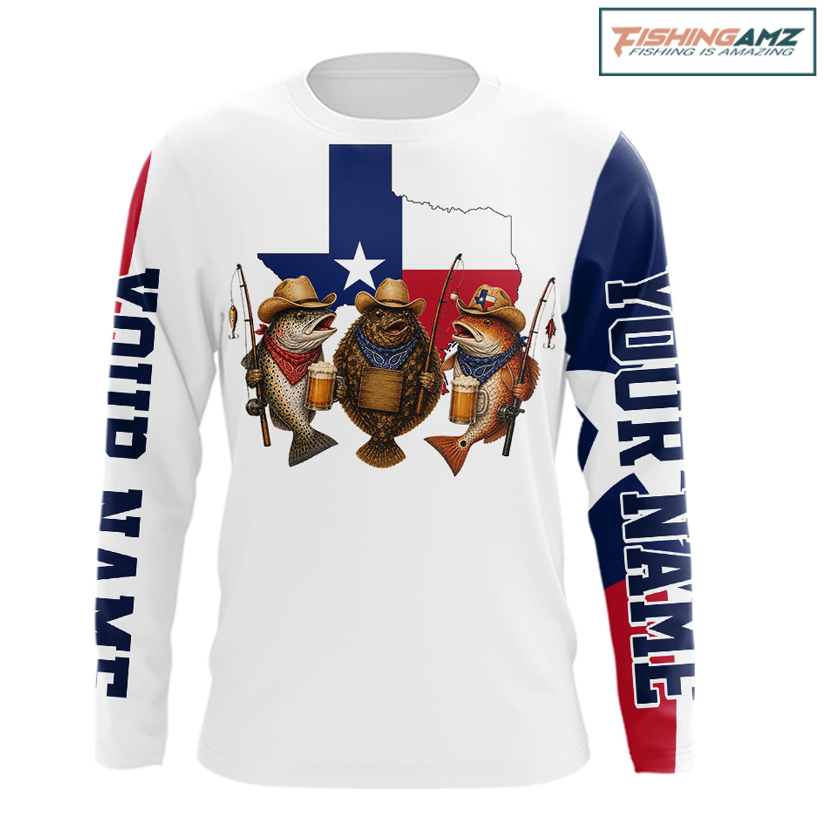 Funny Cowboy  Trout, Flounder, Redfish Texas Flag Long Sleeve Fishing Shirts Apparel|White 