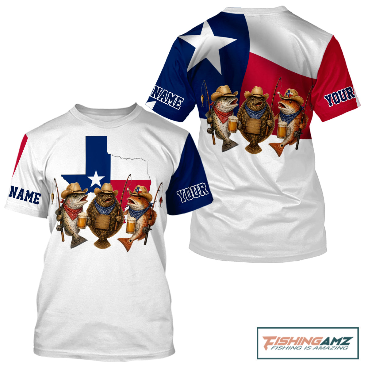 Funny Cowboy Trout, Flounder, Redfish Texas Flag Fishing T-Shirt Apparel|White 