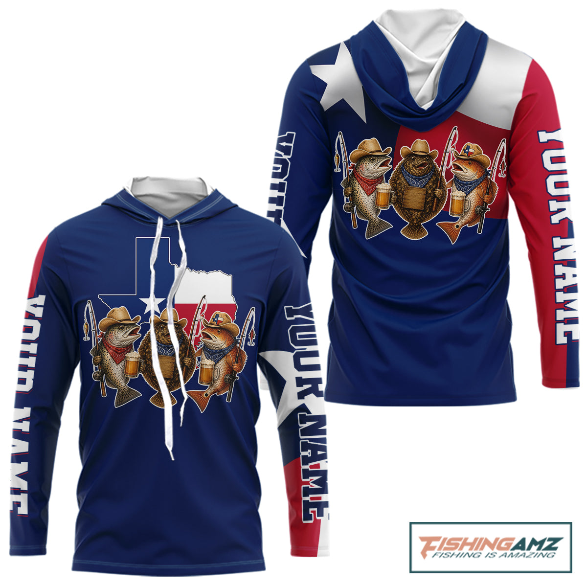 Funny Cowboy Trout, Flounder, Redfish Texas Flag Long Sleeve Hooded  Fishing Shirts Apparel|Blue