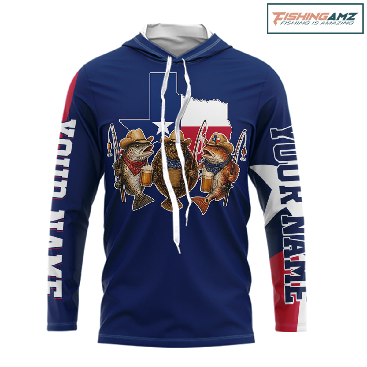 Funny Cowboy Trout, Flounder, Redfish Texas Flag Long Sleeve Hooded  Fishing Shirts Apparel|Blue