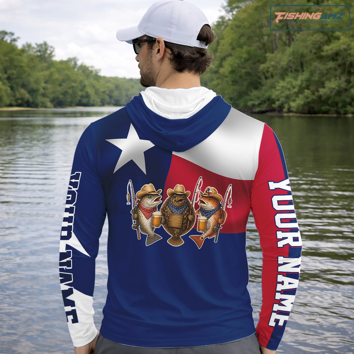 Funny Cowboy Trout, Flounder, Redfish Texas Flag Long Sleeve Hooded  Fishing Shirts Apparel|Blue