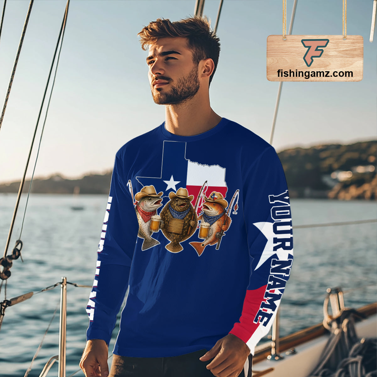 Funny Cowboy Trout, Flounder, Redfish Texas Flag Long Sleeve Fishing Shirts Apparel|Blue 