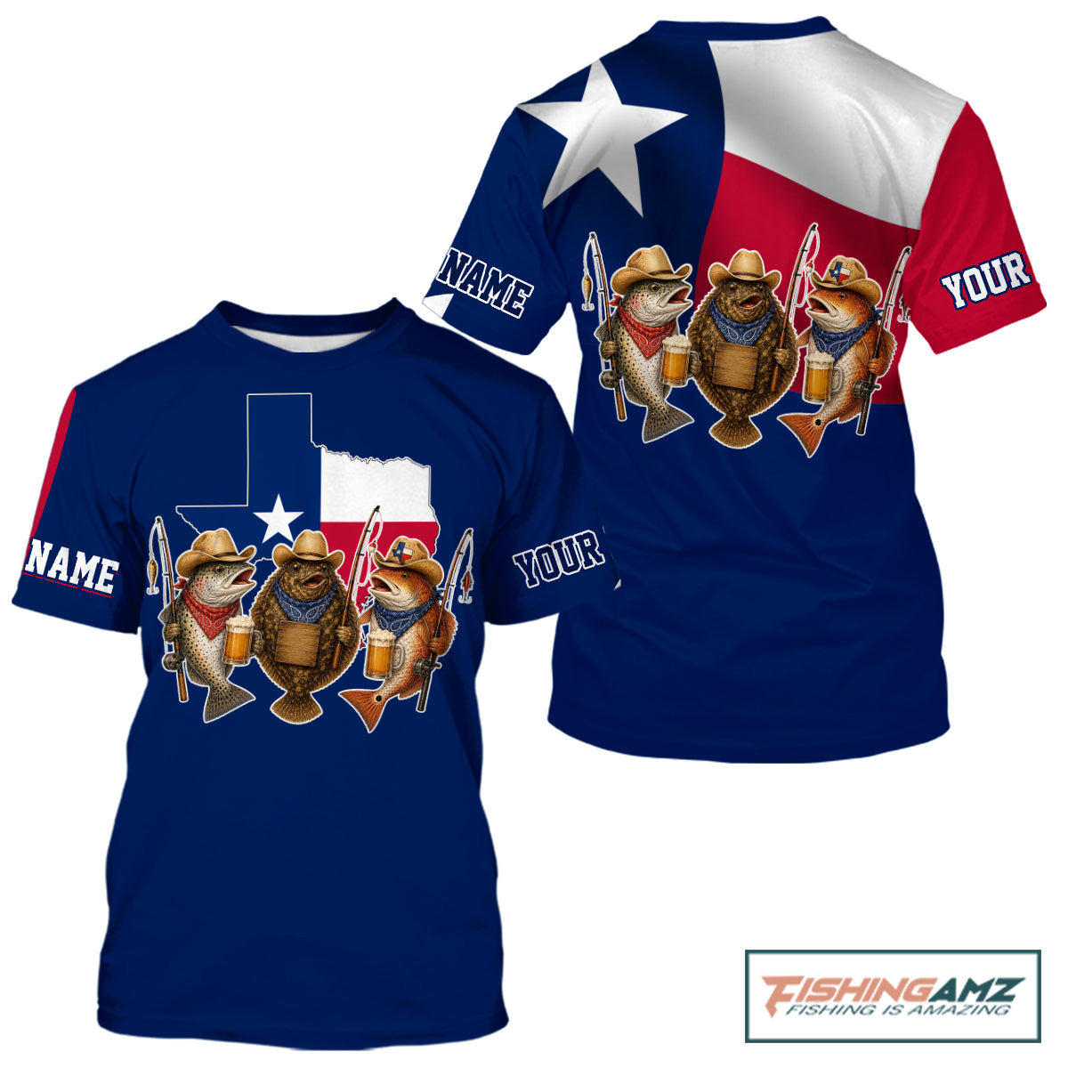 Funny Cowboy Trout, Flounder, Redfish Texas Flag Fishing Shirts T-Shirt Apparel|Blue 
