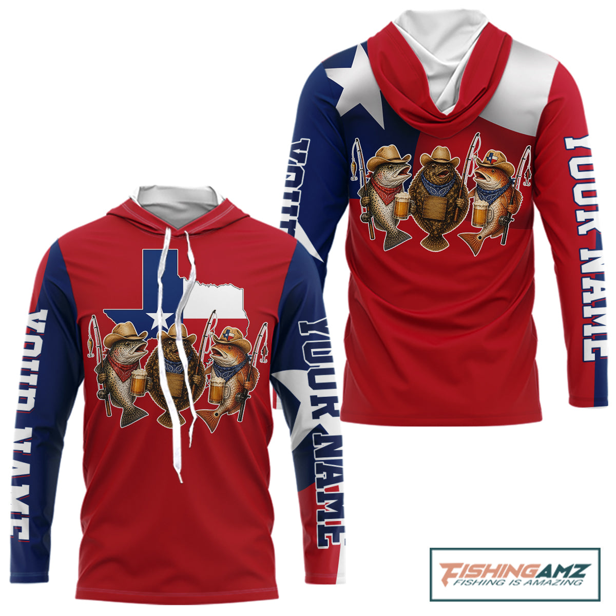 Funny Cowboy Trout, Flounder, Redfish Texas Flag Long Sleeve Hooded  Fishing Shirts Apparel|Red