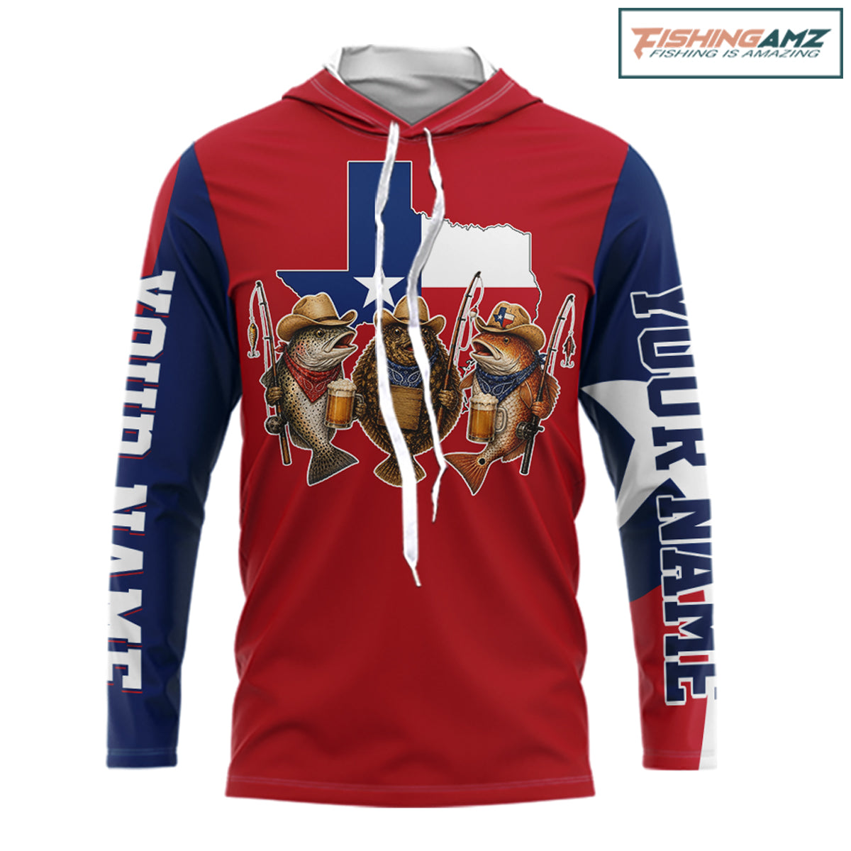 Funny Cowboy Trout, Flounder, Redfish Texas Flag Long Sleeve Hooded  Fishing Shirts Apparel|Red