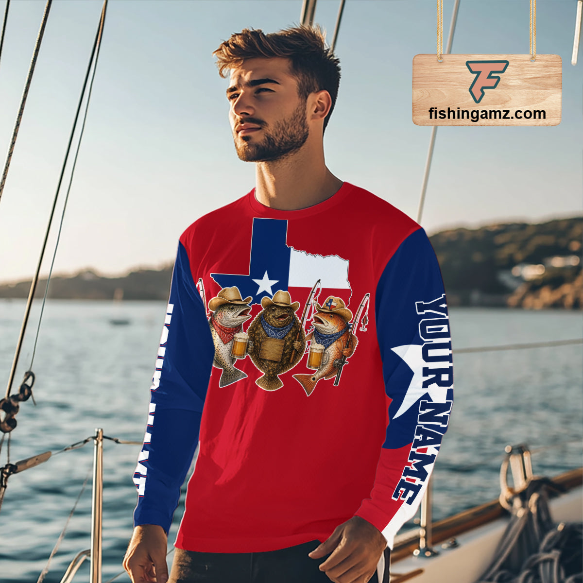 Funny Cowboy Trout, Flounder, Redfish Texas Flag Long Sleeve Fishing Shirts Apparel|Red