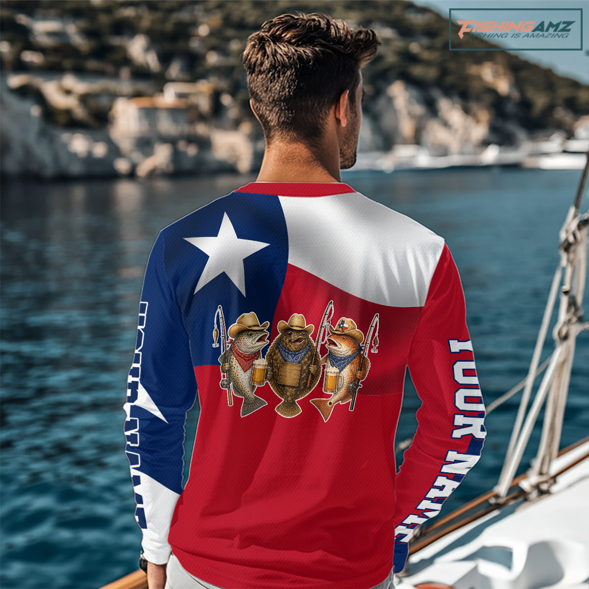 Funny Cowboy Trout, Flounder, Redfish Texas Flag Long Sleeve Fishing Shirts Apparel|Red