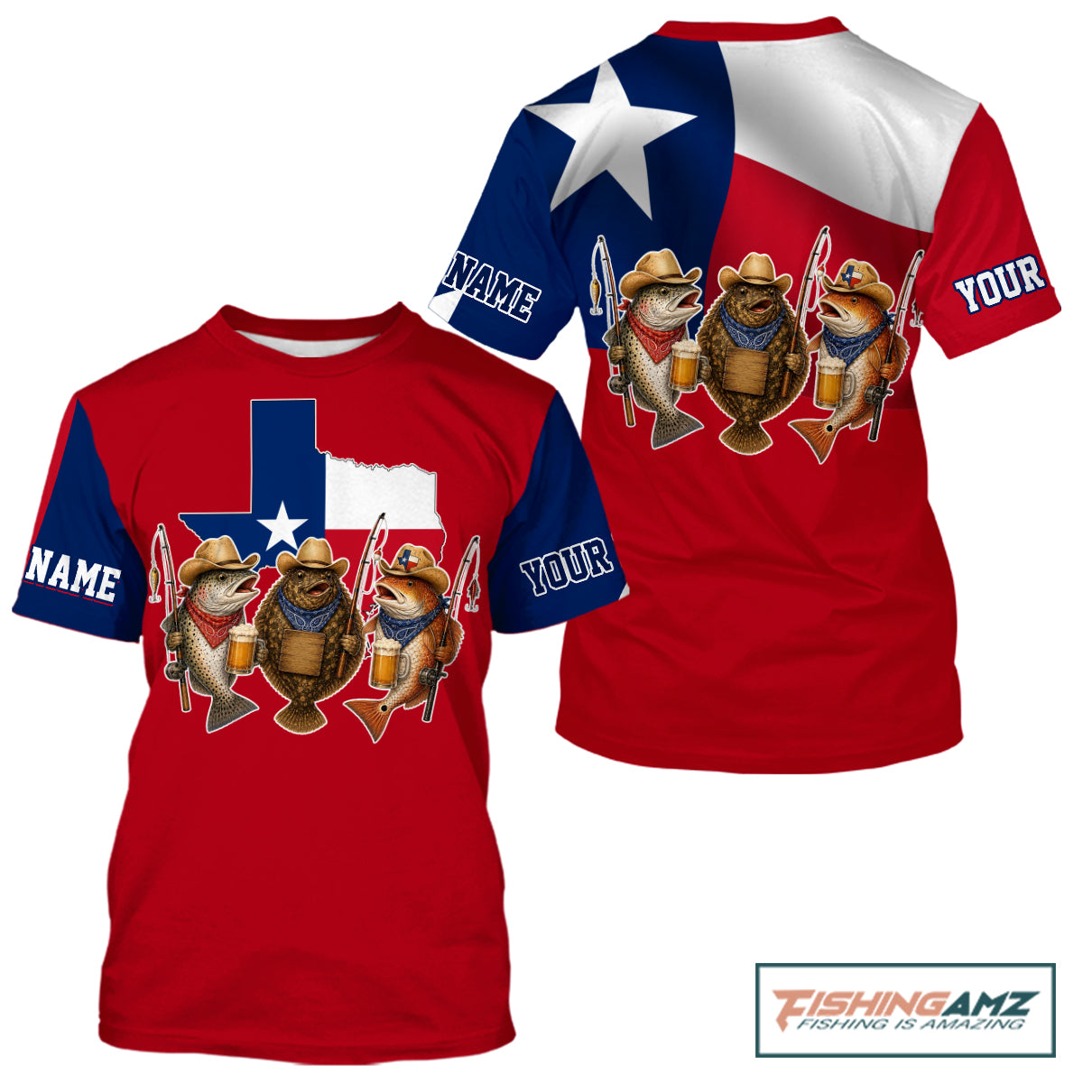 Funny Cowboy Trout, Flounder, Redfish Texas Flag Fishing Shirts T-Shirt Apparel|Red 